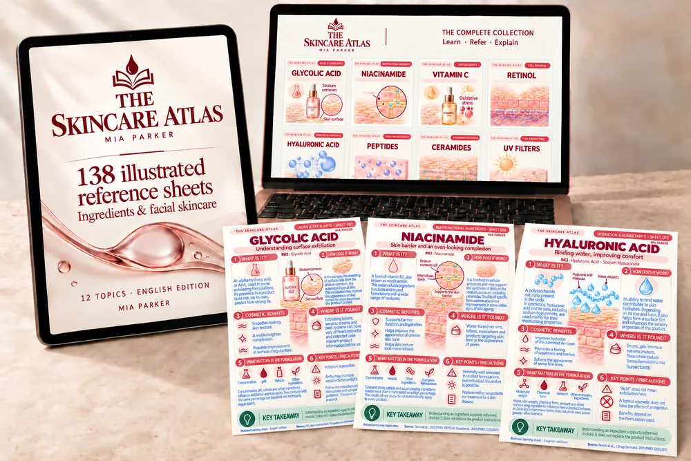 The Skincare Atlas on a tablet and computer, alongside three reference sheets