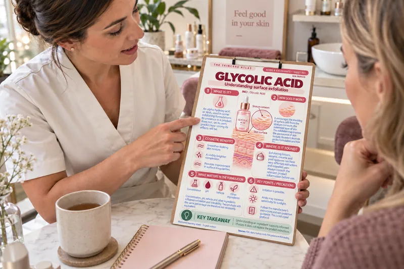 Example of use: a beauty professional explains the printed Glycolic Acid sheet to a client.